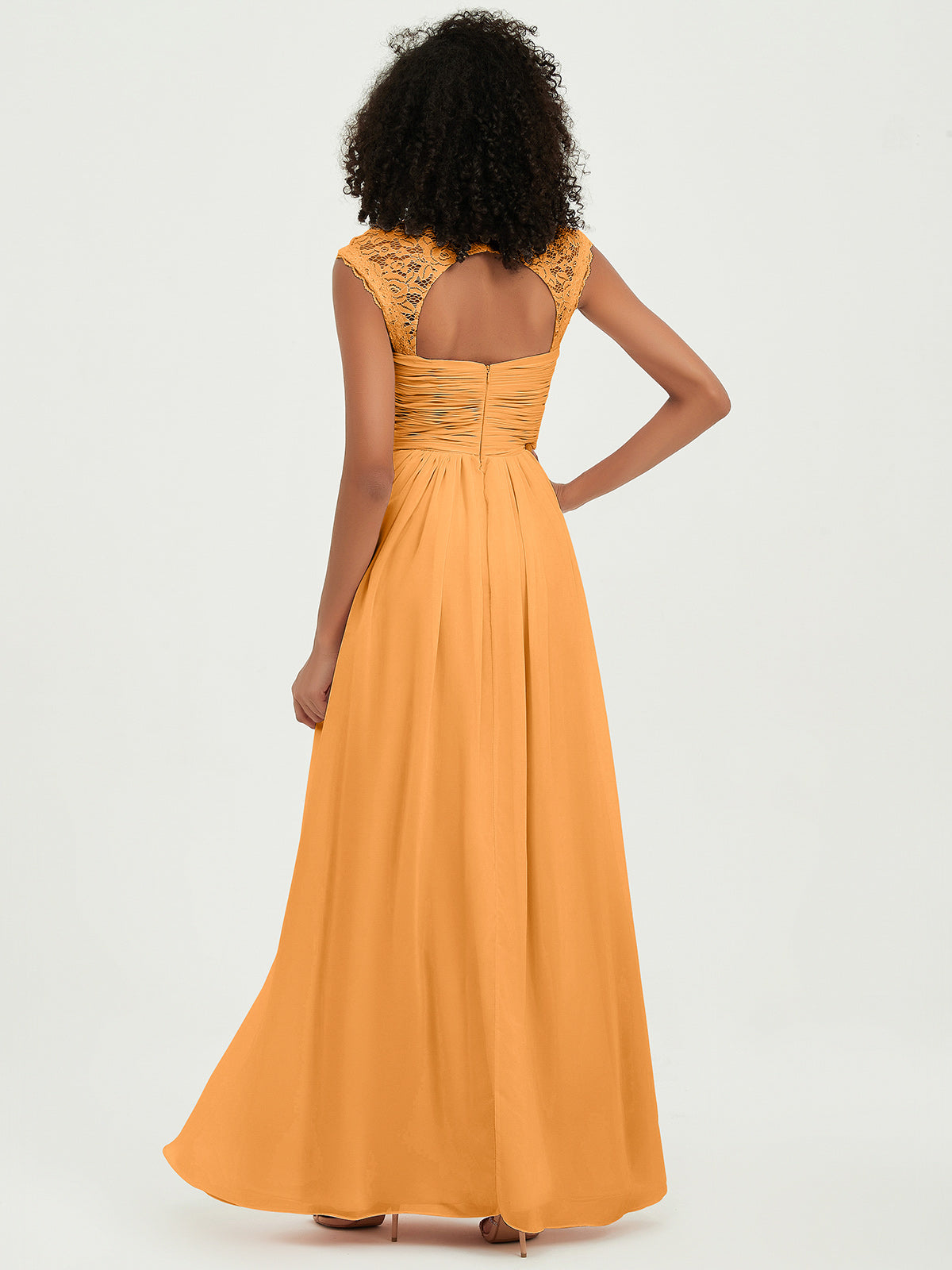 Chiffon Bridesmaid Dresses with Lace Cap Sleeves Tangerine